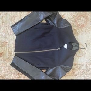 Helmet Lang Black jacket with leather sleeves.